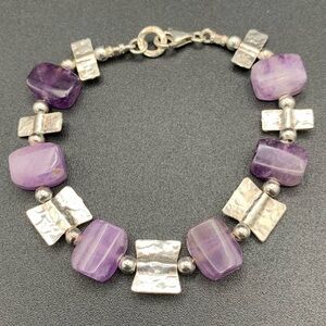 Hammered Sterling Silver Square Beaded Amethyst Braclet 7.5” Artisan 925
